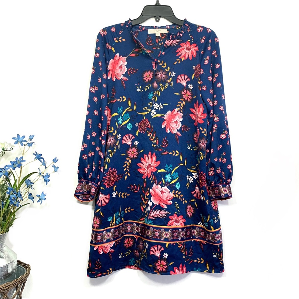 LOFT Women's Blue Pink Floral Mandarin Collar Long Sleeve Shift Dress